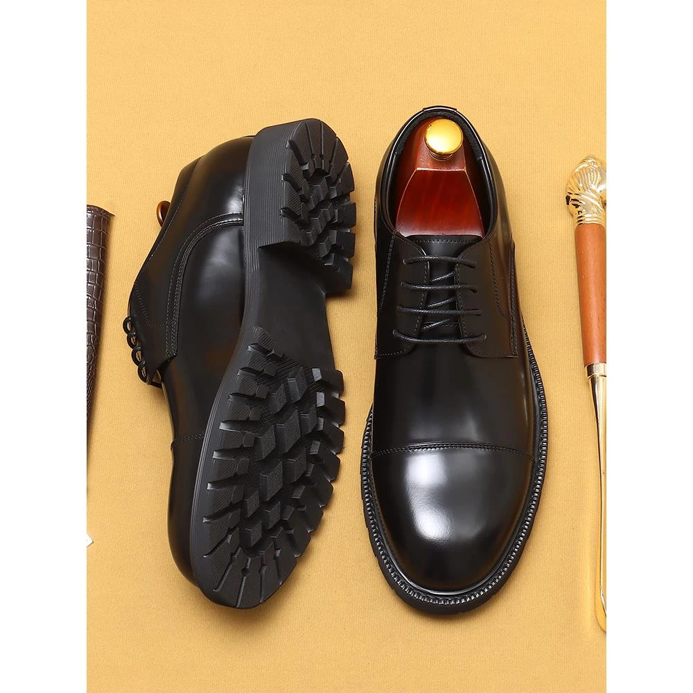 英伦休闲皮鞋男皮质正装商务厚底三接头亮皮亮面漆皮2024新款男鞋