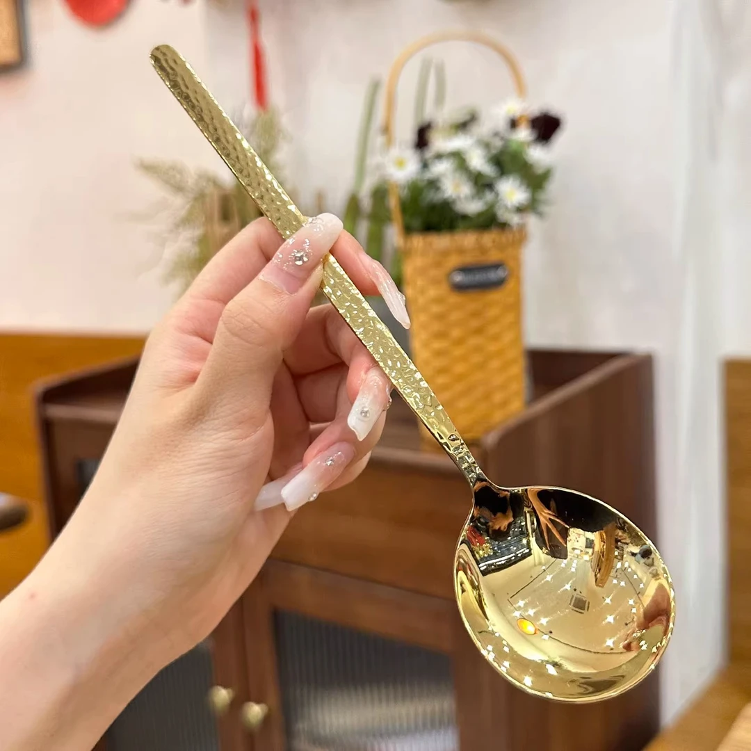 干饭人专用勺子！岩石锤纹圆头长柄精致不锈钢喝汤勺主餐西餐勺子