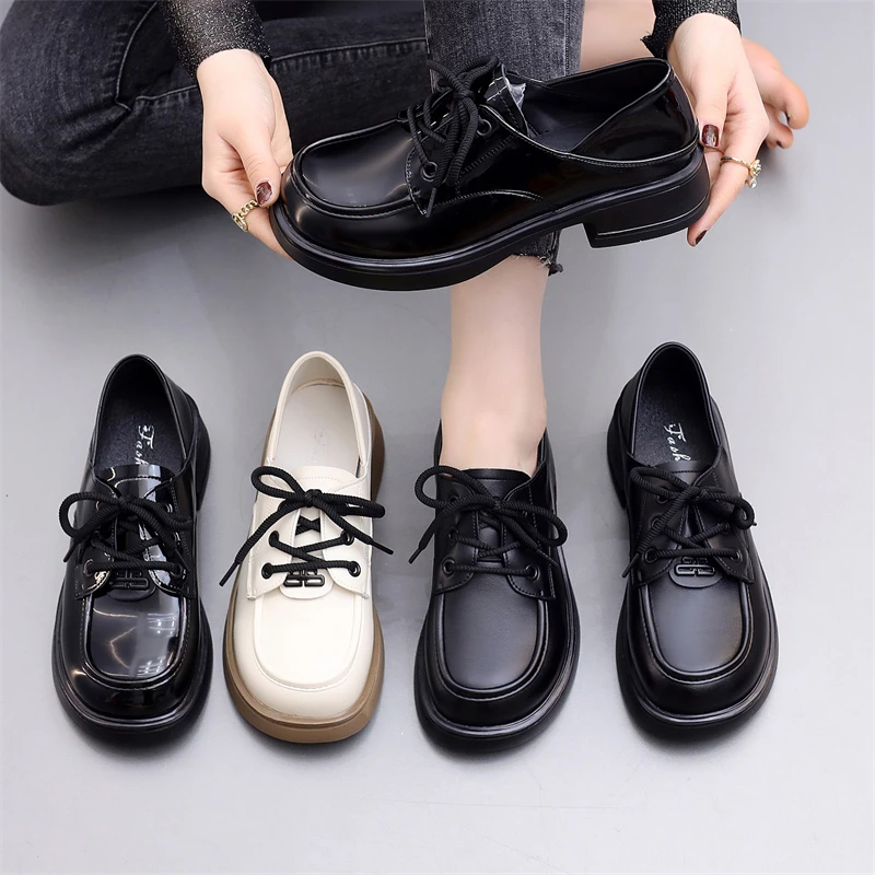 平底单鞋女2024新款深口春秋女士百搭英伦风系带乐福小皮鞋配裙子