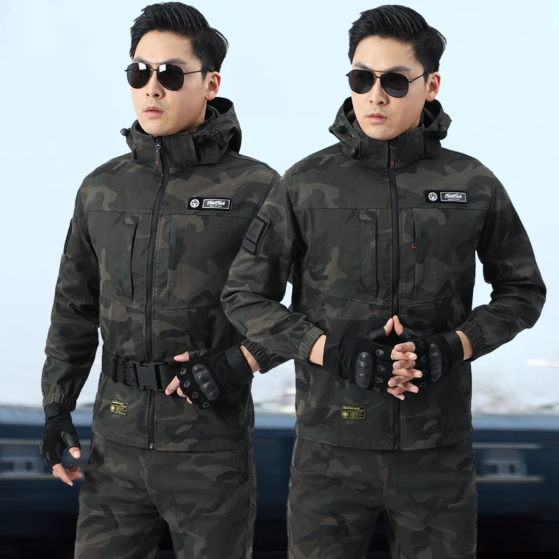 升级版可拆帽弹力棉质迷彩服套装男春秋季户外工装工作服耐烫耐磨