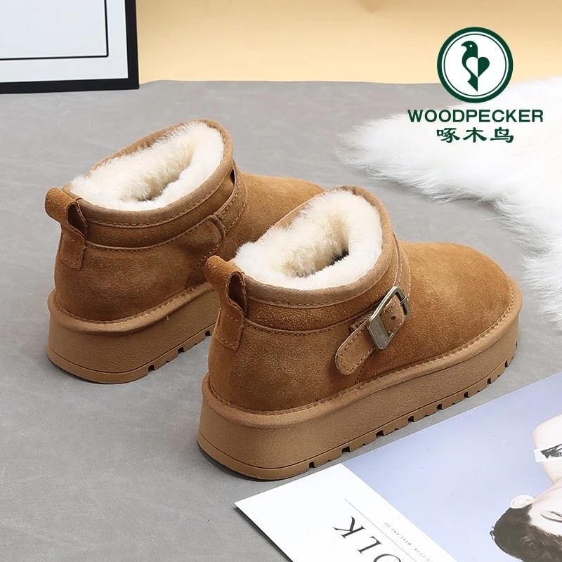 啄木鸟雪地靴女厚底2024冬季新款防滑加厚加绒短筒棉鞋时尚短靴女