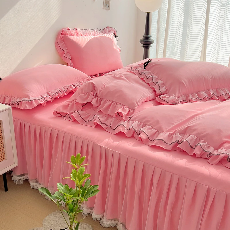 韩式床裙款四件套床上用品公主风少女心纯色荷叶边小清新网红套件