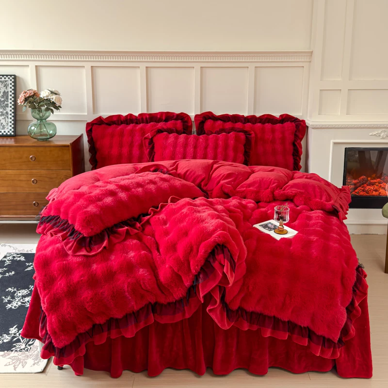 韩版高端兔兔绒牛奶绒四件套加绒加厚双面绒公主风绒被双层花边款