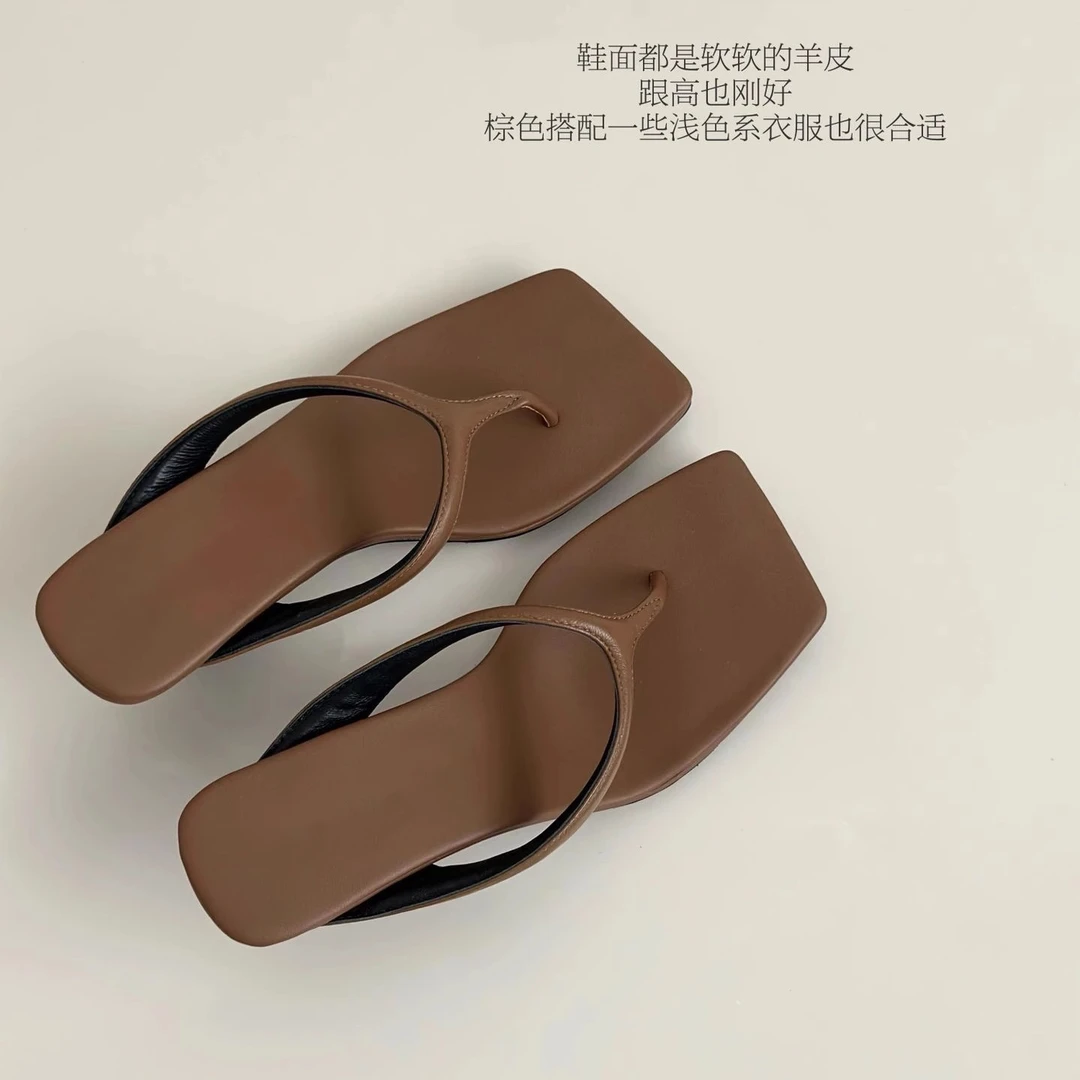 羊皮版~仙女风真皮夹脚高跟人字拖女夏猫跟凉拖中跟半拖鞋半托