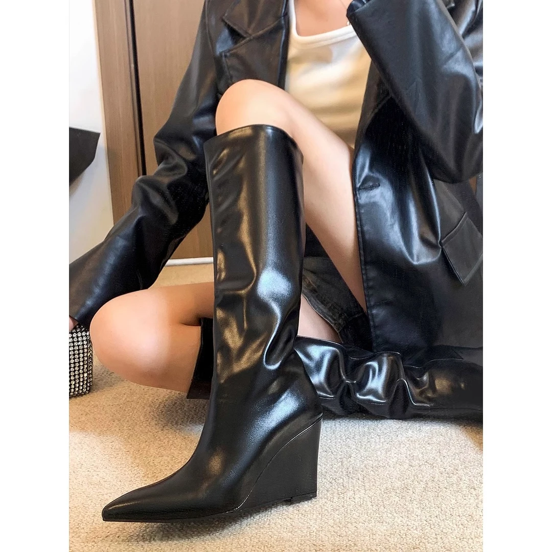 牛皮版~新款小众高级感坡跟高筒靴女欧美尖头辣妹炸街长筒骑士靴