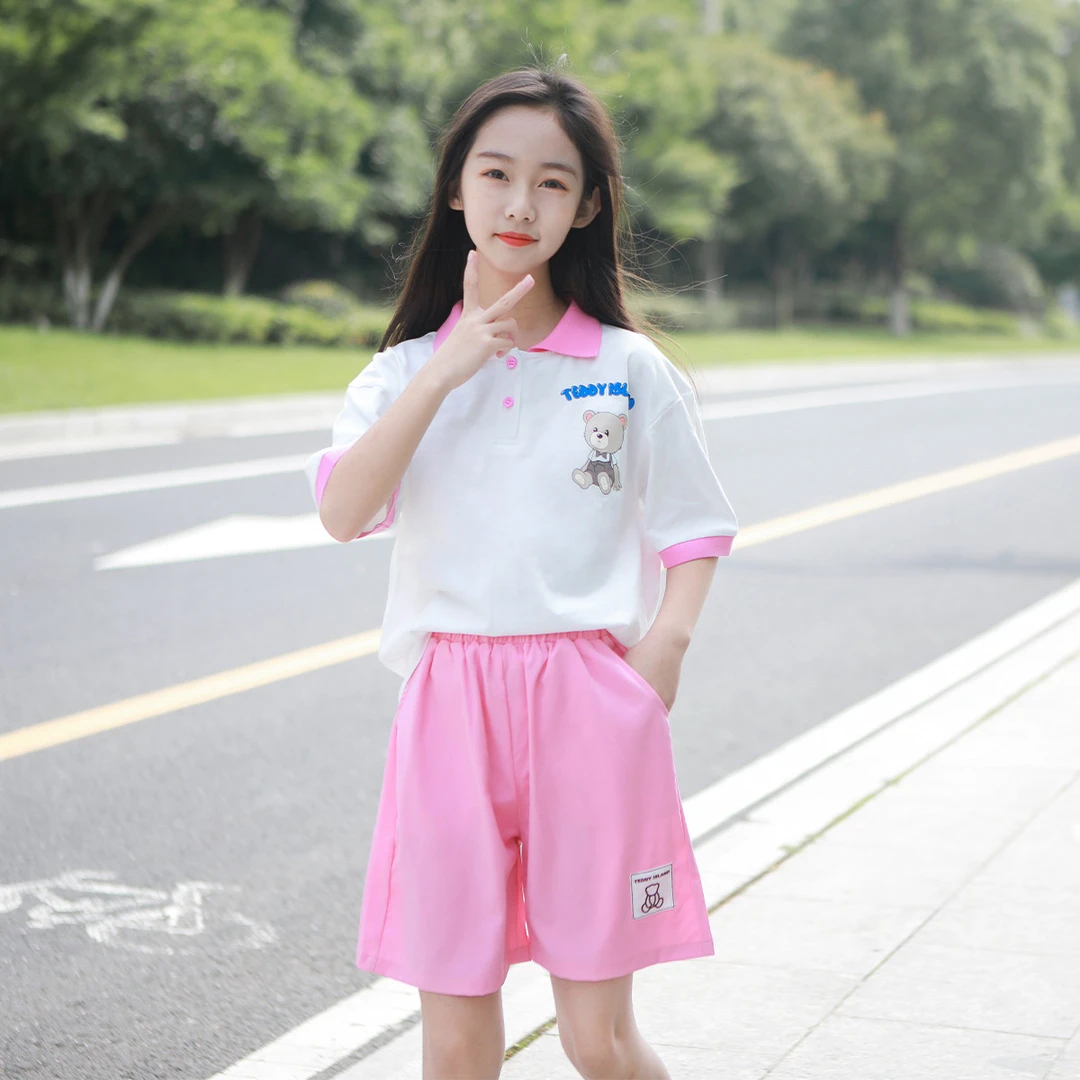 【RY862】女童套装夏季新款中大童休闲学生POLO上衣短裤两件套