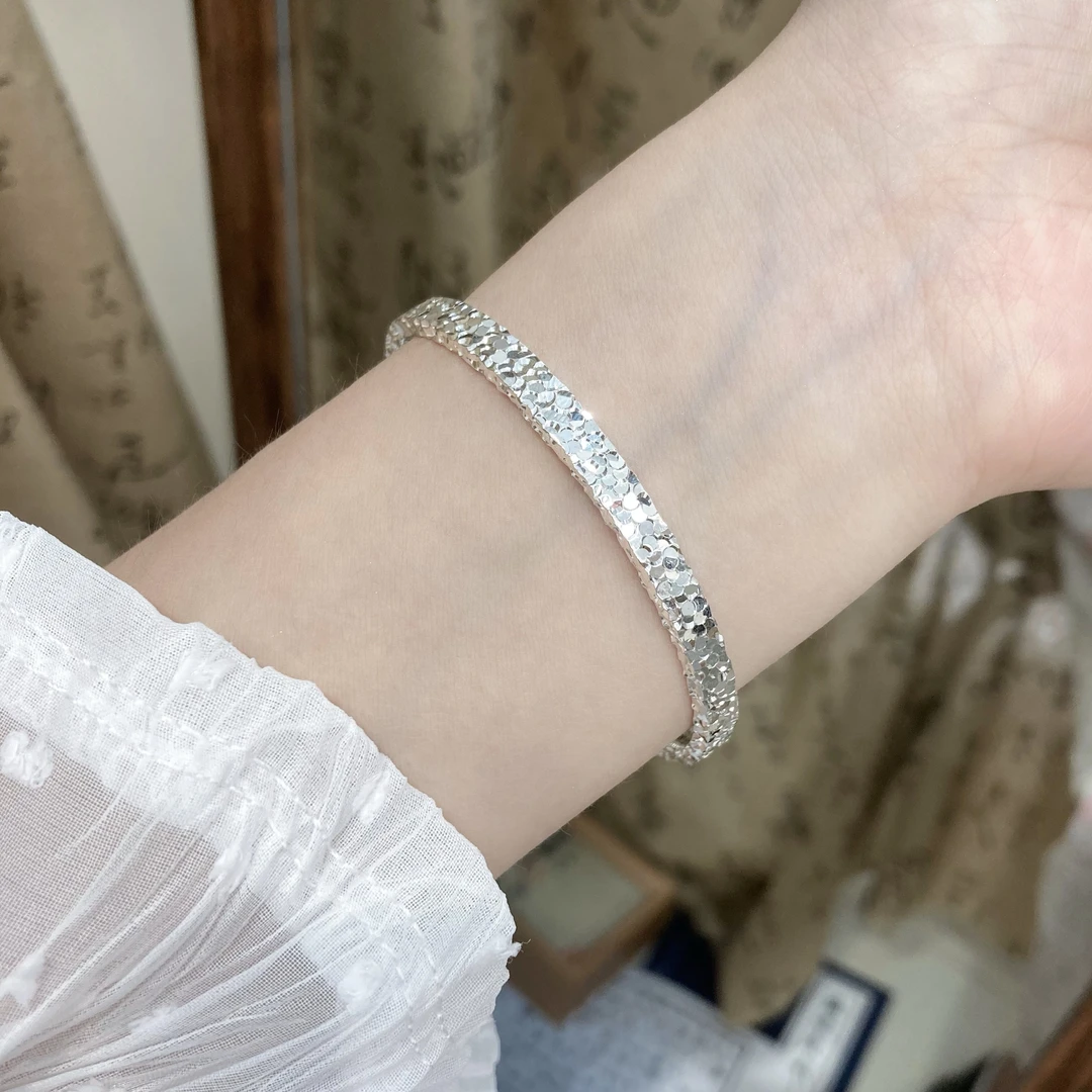 足银手镯 足银999.9手镯【碎碎冰】固口气质时尚简约经典实心光面