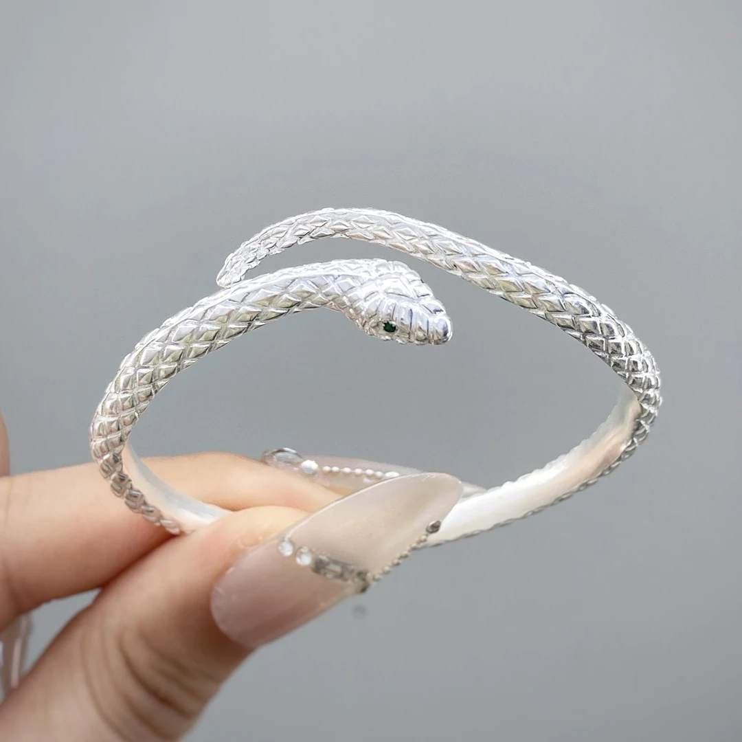 足银手镯 足银999.9【灵蛇•绿】开口蛇身镯时尚轻奢气质简约复古