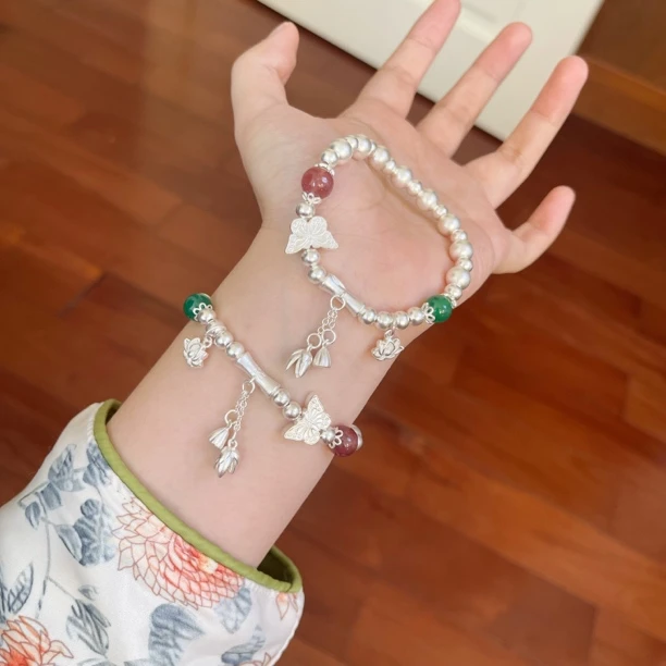 足银手链 【一世长安】手工錾刻蝴蝶两世欢气质竹节流苏足银999手串