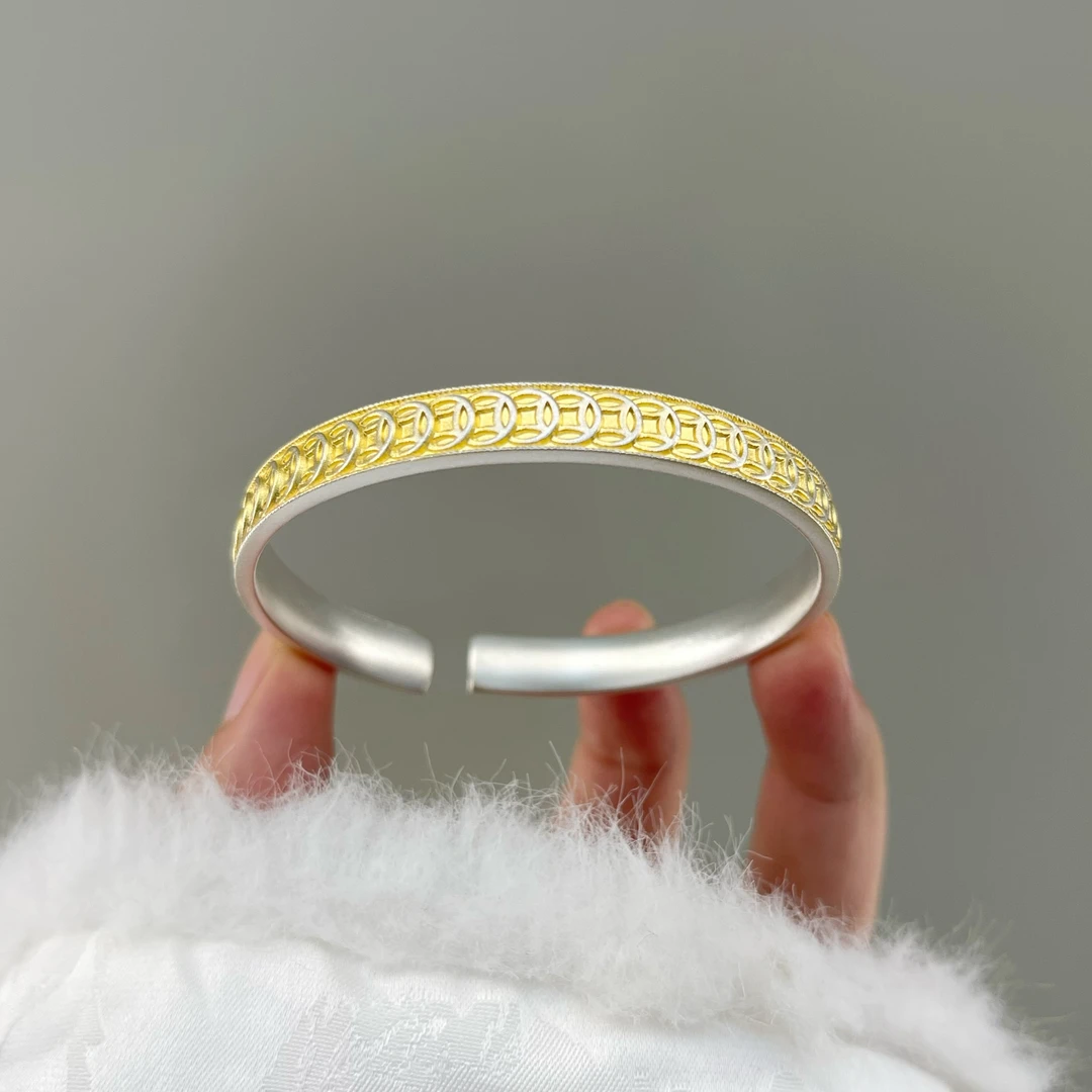 足银手镯 【钱多多】古法实心铜钱开口足银999.9手镯