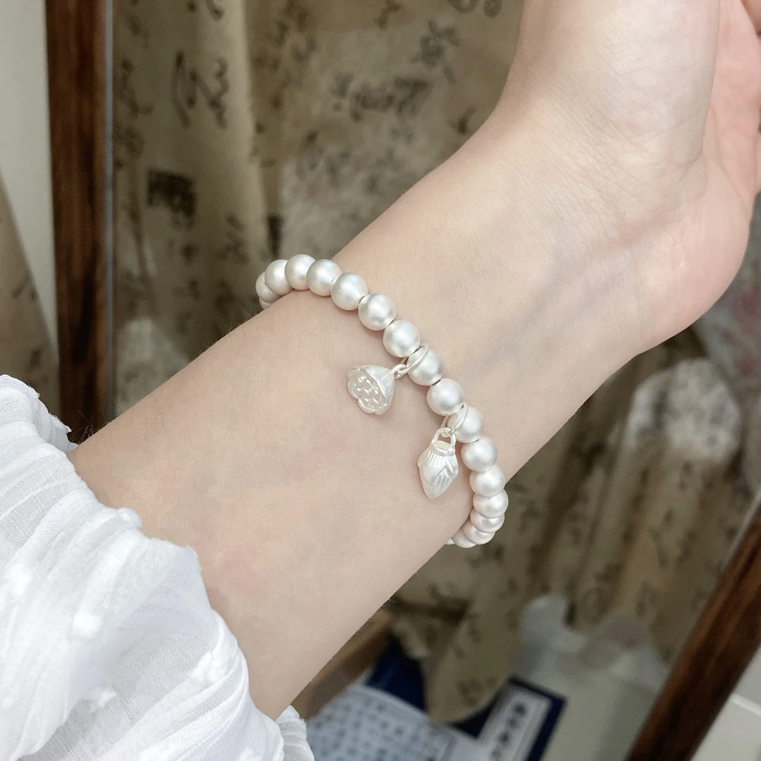 足银手链 足银990手串【好运莲莲】两世欢6m莲花莲蓬手链气质