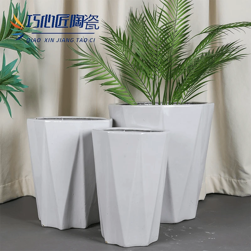 简约陶瓷花盆白色菱形家用阳台绿植专用