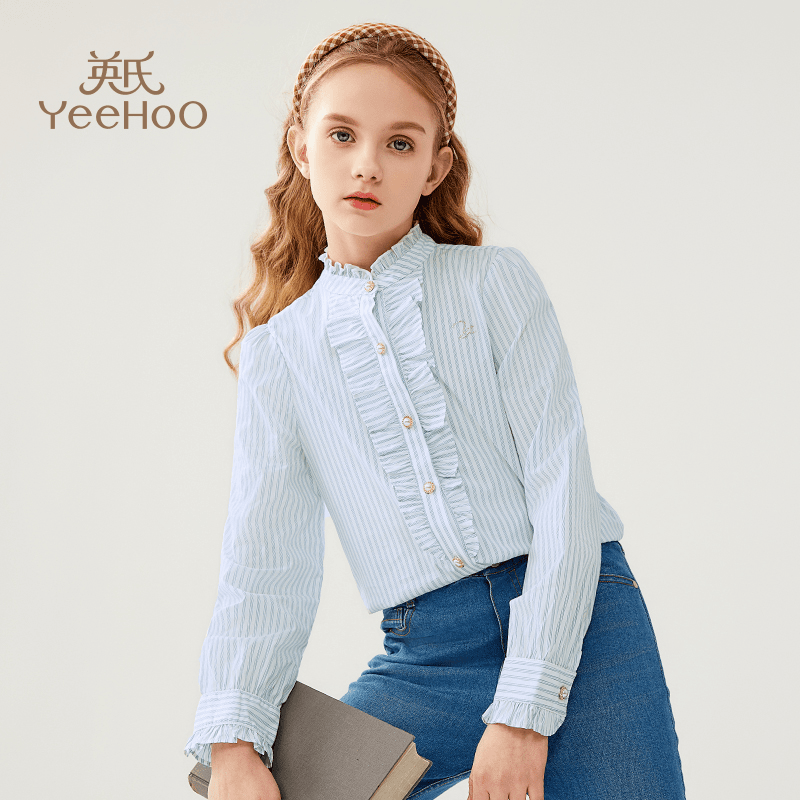 【100S高密面料】英氏女童长袖衬衫2024新款中大童淑女衬衣春装