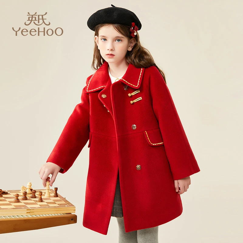 英氏女童呢子大衣春冬洋气中长款上衣儿童夹棉加厚保暖外套D2034