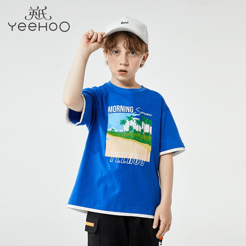 英氏男童短袖T恤夏装儿童夏季假两件上衣中大童印花时尚百搭潮流