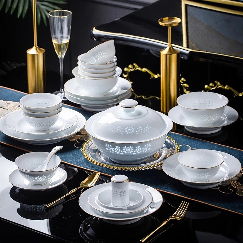 景德镇玲珑餐具套装碗盘家用高档金边碗碟中式轻奢礼碗盘碟碗碟盘
