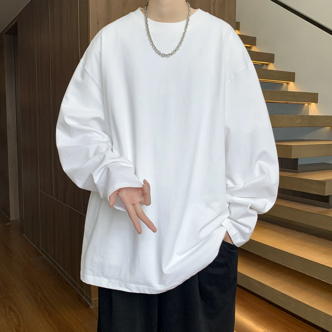 重磅240g长袖男士新款纯色纯棉白色秋冬季宽松上衣休闲打底衫百搭