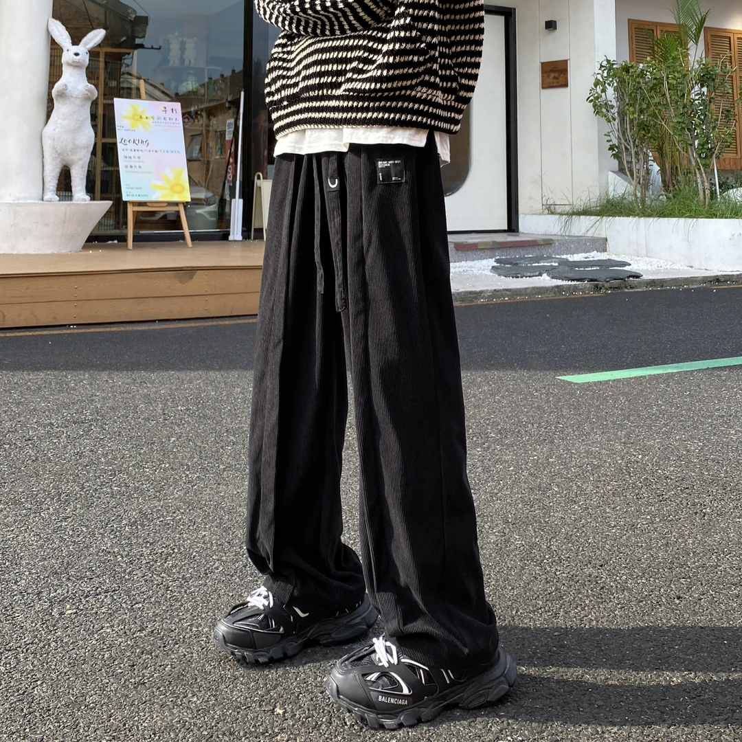 飘带灯芯绒休闲裤男2023秋季潮流阔腿裤百搭宽松高街大码直筒长裤
