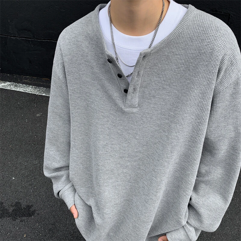 长袖t恤男生春季新款重磅美式复古亨利领华夫格内搭高级感上衣服