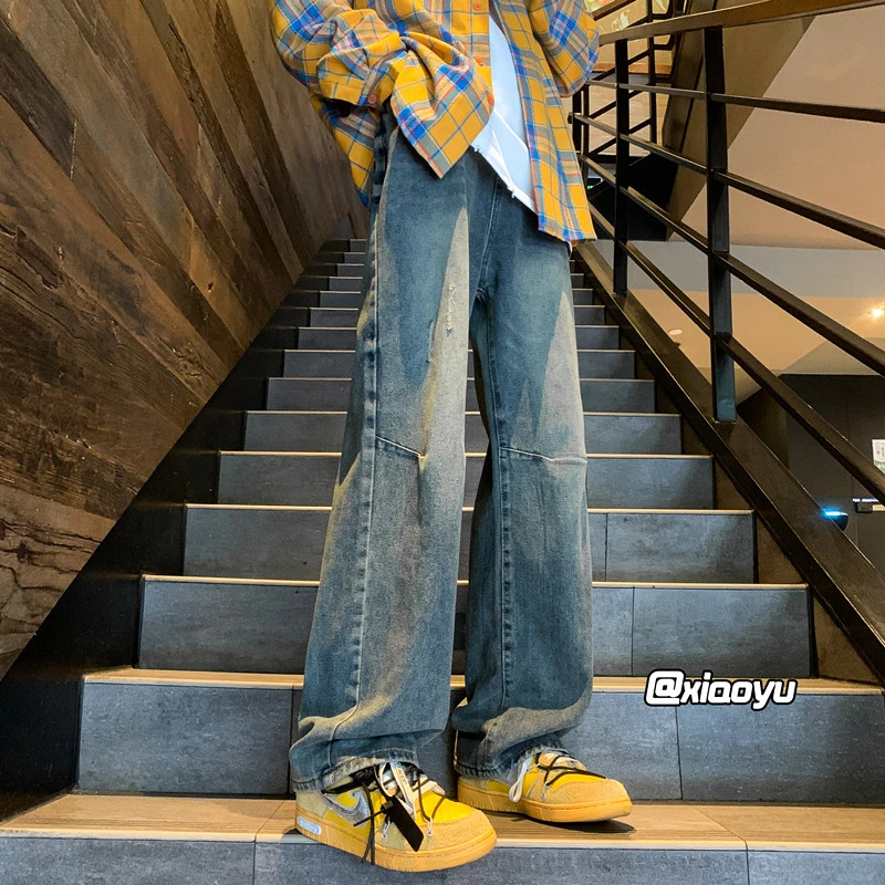 美式复古水洗牛仔裤男秋季做旧拼接小众设计感宽松阔腿休闲长裤子