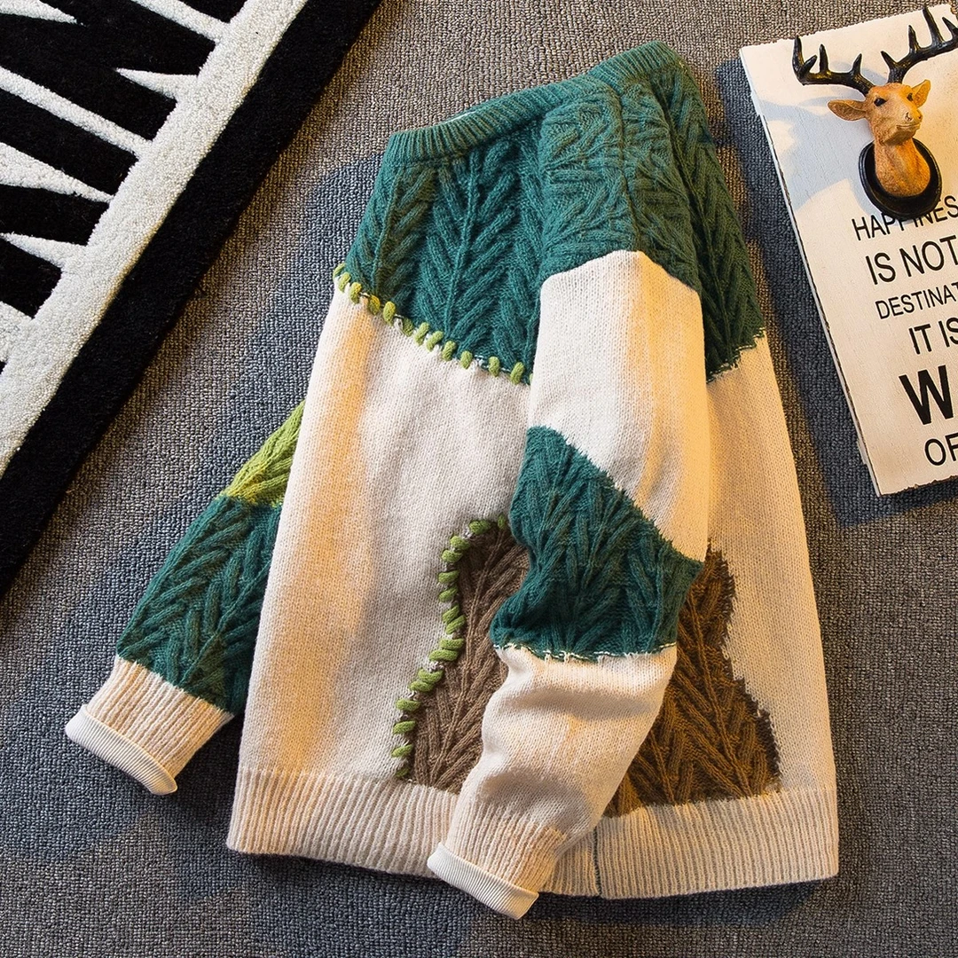 撞色毛衣男款秋冬季小众设计感圆领套头外套宽松男士加厚毛衣男