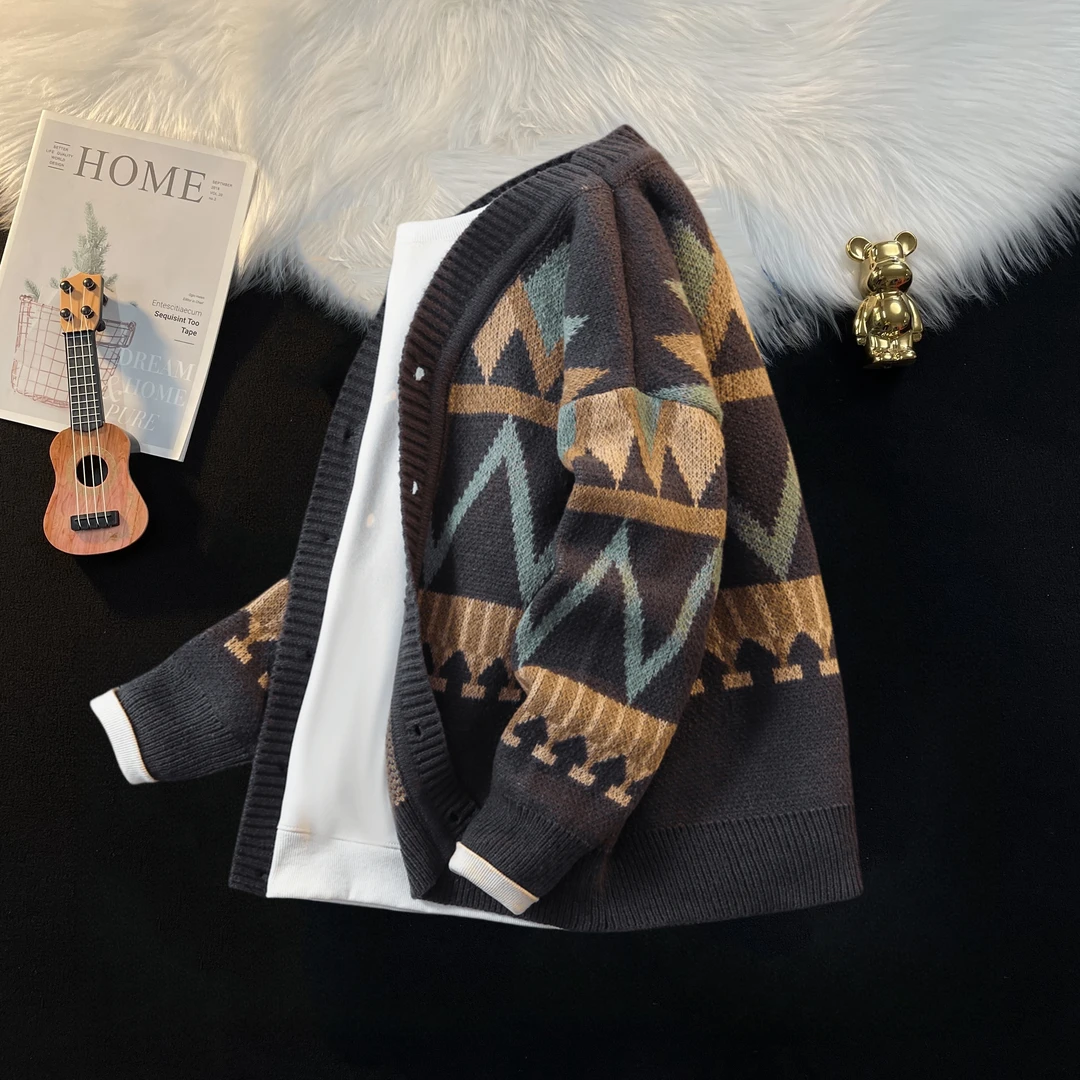 日系复古秋冬季V领针织衫撞色收口线开衫外套潮牌休闲宽松毛衣男