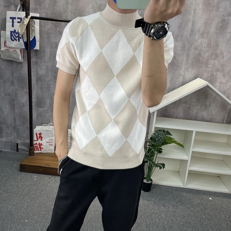 半高领短袖针织衫男士韩版修身套头打底衫秋款休闲中领潮格子T恤