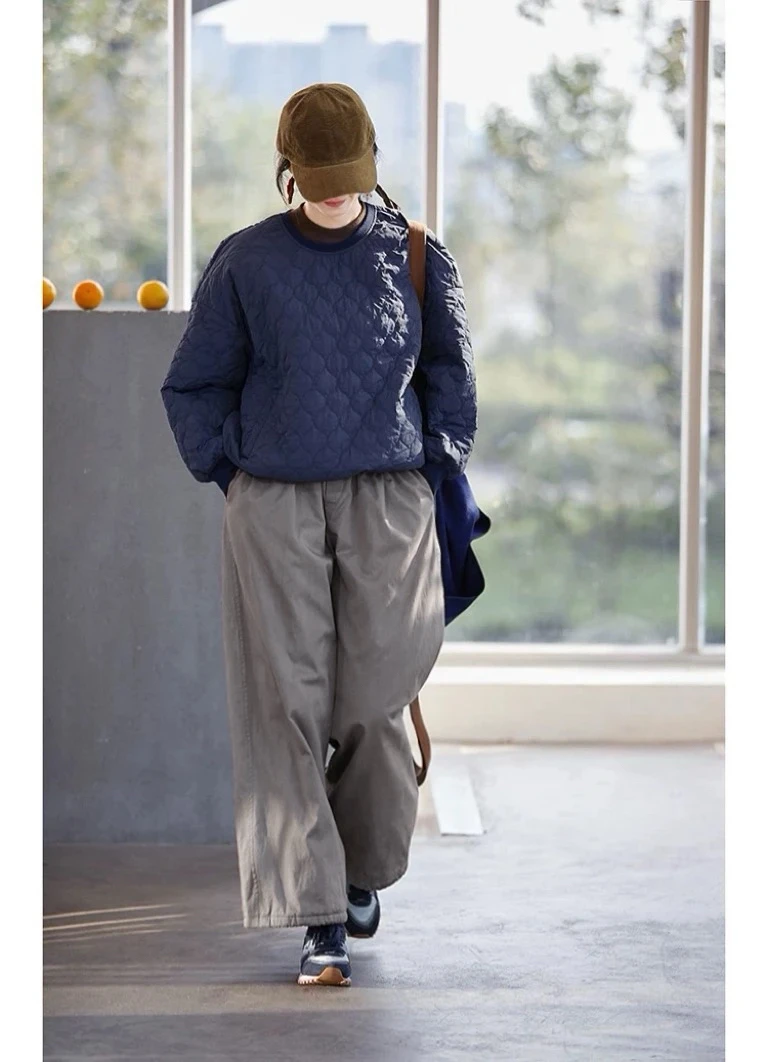 【羊绒填充】冬款灰紫色松紧腰保暖软糯休闲女直筒裤24336