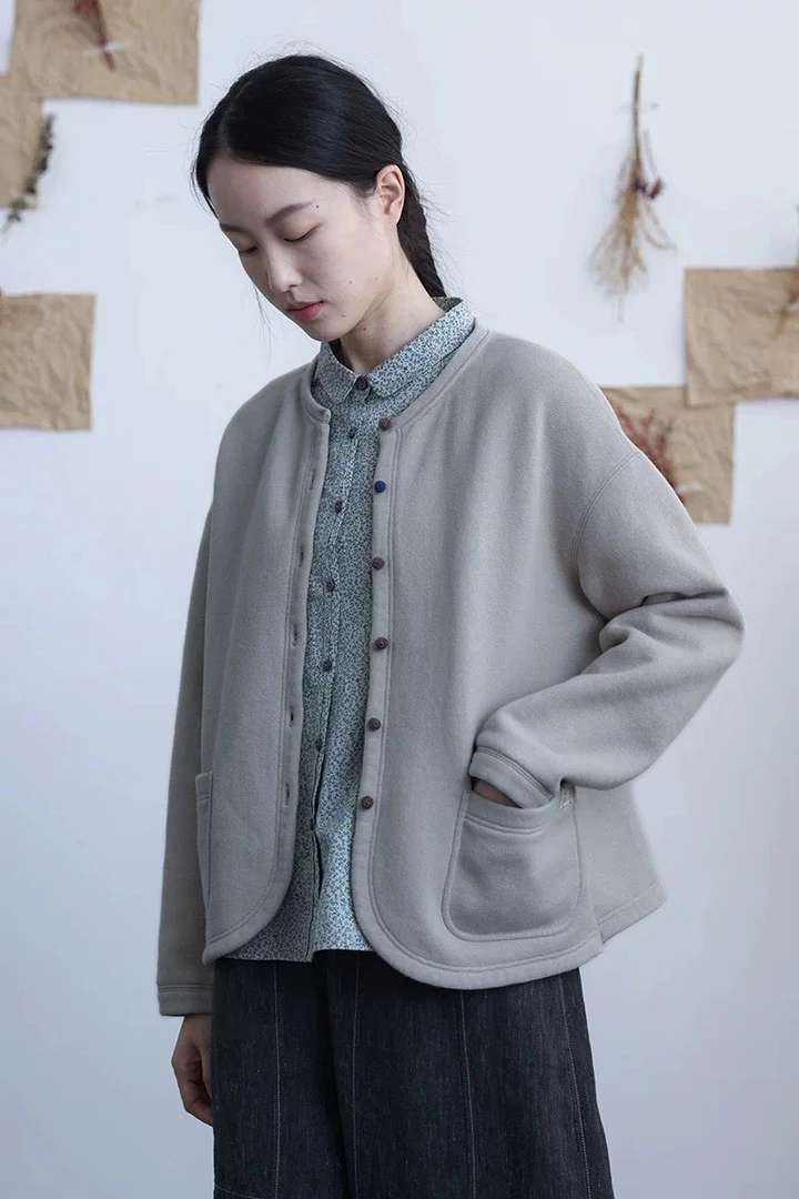 【加绒款】小毛球韩国冬款针织棉圆领开衫外套拼接撞色休闲卫衣2309