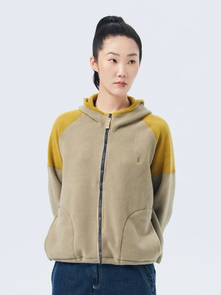 秋冬新品女黄绿重磅双色摇粒绒拼接开襟长袖卫衣外套24281