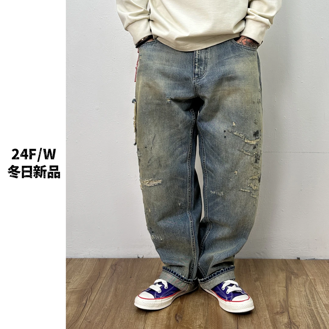 【小众脏牛仔】日系宽松微锥做旧牛仔裤港风重磅复古破洞水洗牛仔裤