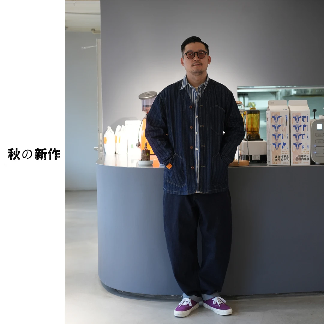 早秋新品日系复古工装牛仔外套ins古着风木扣条纹无领秋季长袖