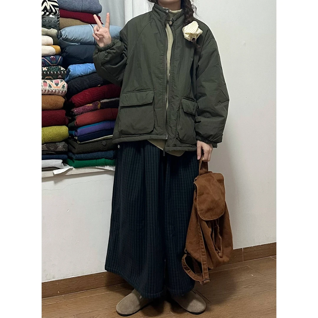冬日简约休闲百搭纯色大口袋棉服外套+蓝色夹棉半身裙