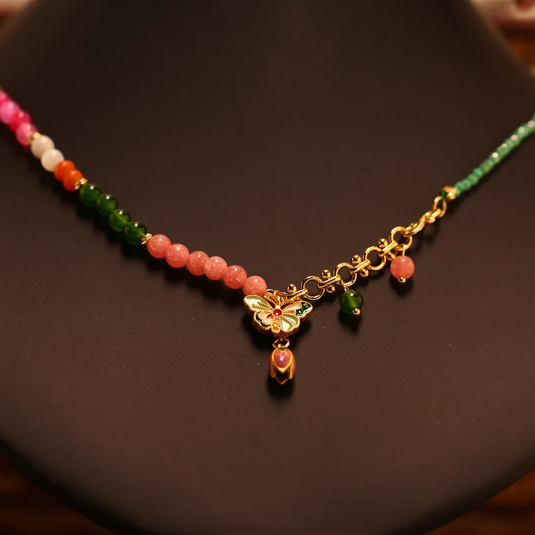 铜合金项链 新中式手绘彩色蝴蝶花朵吊坠国风气质个性项链-9338