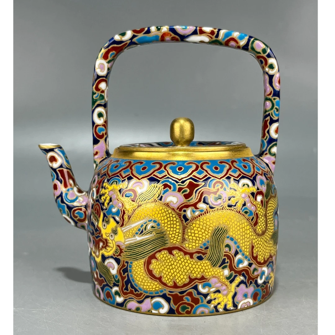 当代仿制 仿古珐琅彩描金龙纹提梁壶