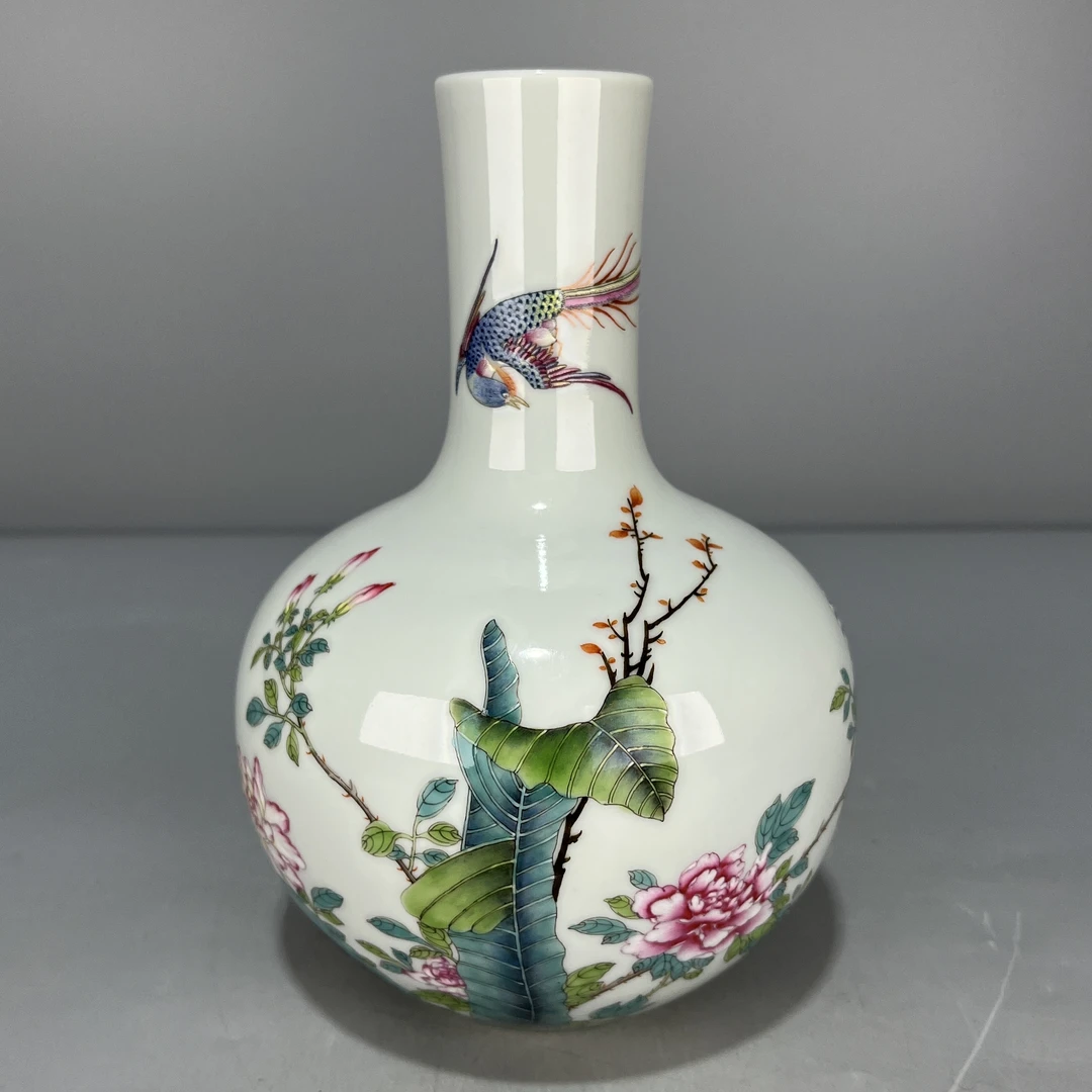 当代仿制 仿古大清雍正年制粉彩花鸟诗文陶瓷天球瓶