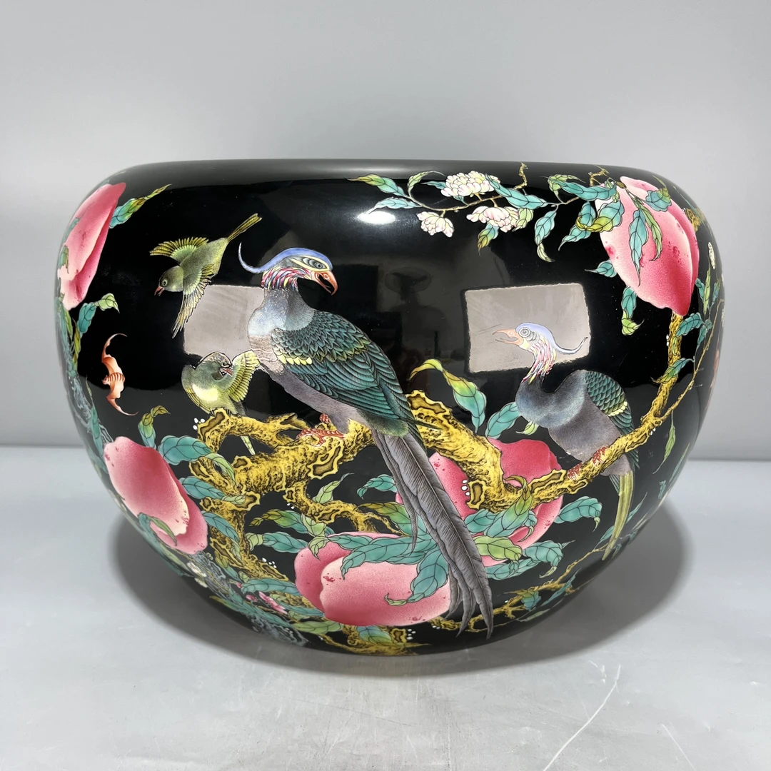 当代仿制 仿古大清乾隆年制乌金釉粉彩五蝠九桃花鸟苹果缸
