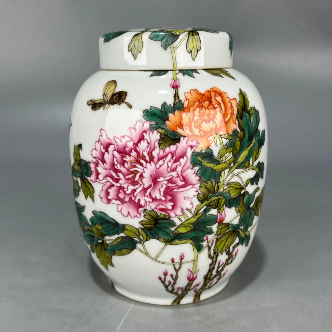 仿古粉彩花卉诗词盖罐