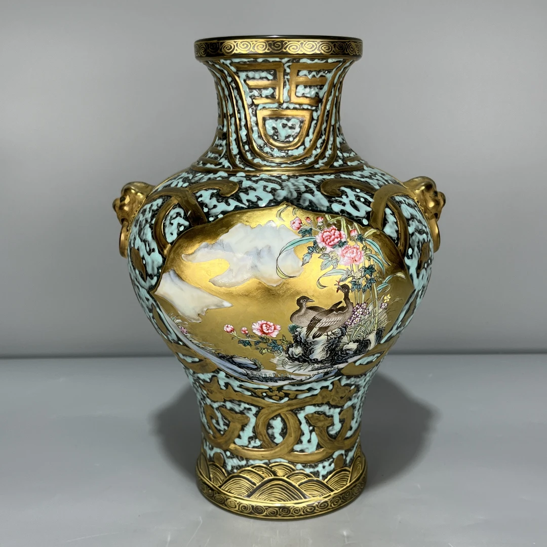 古铜釉开窗粉彩花鸟纹兽耳瓶