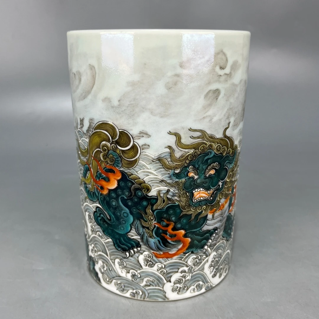 仿古大清雍正年制粉彩麒麟海水纹笔筒