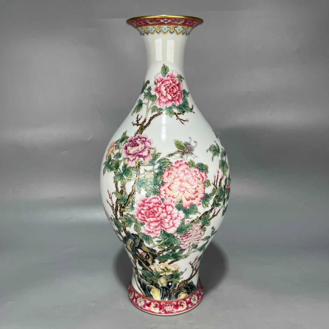 仿古 粉彩描金牡丹花诗词橄榄瓶