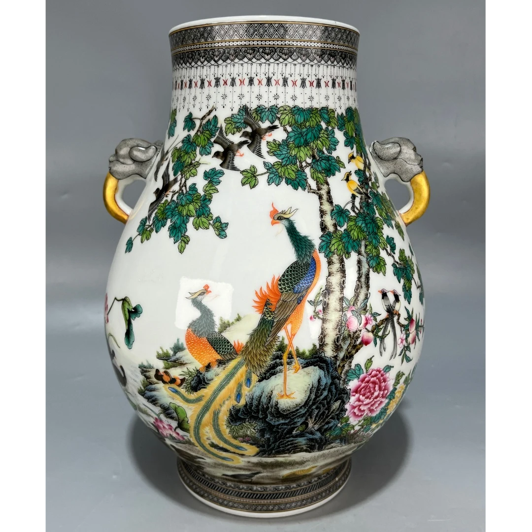 当代仿制  仿古珐琅彩花鸟诗文陶瓷双耳尊