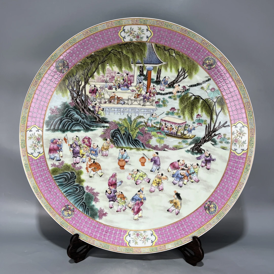 仿古瓷 仿古粉彩手绘童趣百子婴戏图盘