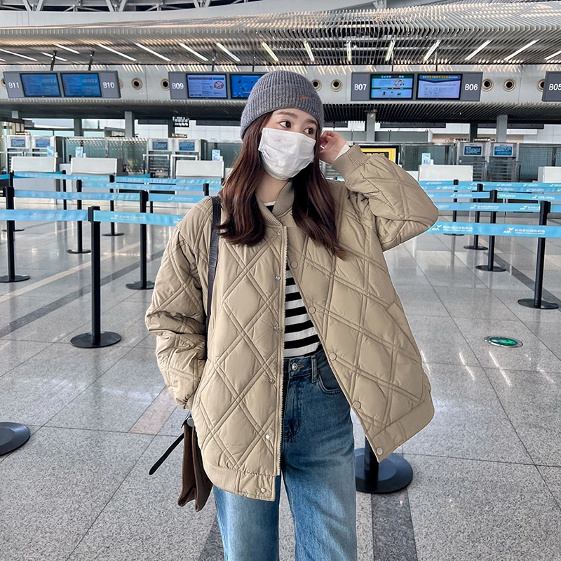 （不跑棉）情侣菱格棒球棉服时尚保暖秋冬季拉链宽松型长袖休闲女士