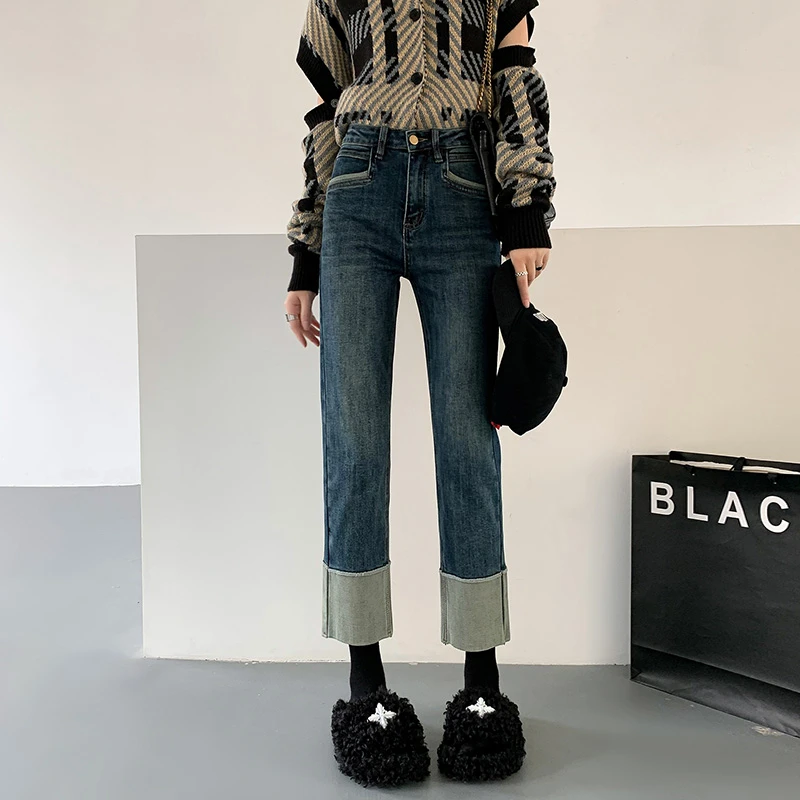小众设计师卷边直筒牛仔裤2024春秋季新款女高腰显瘦九分烟管裤子