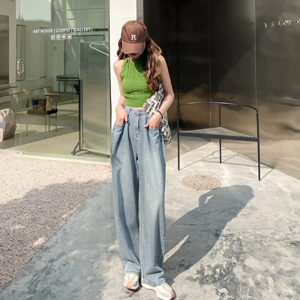 小众设计师腰部调节阔腿牛仔拖地裤2024春夏新款百搭休闲软牛仔
