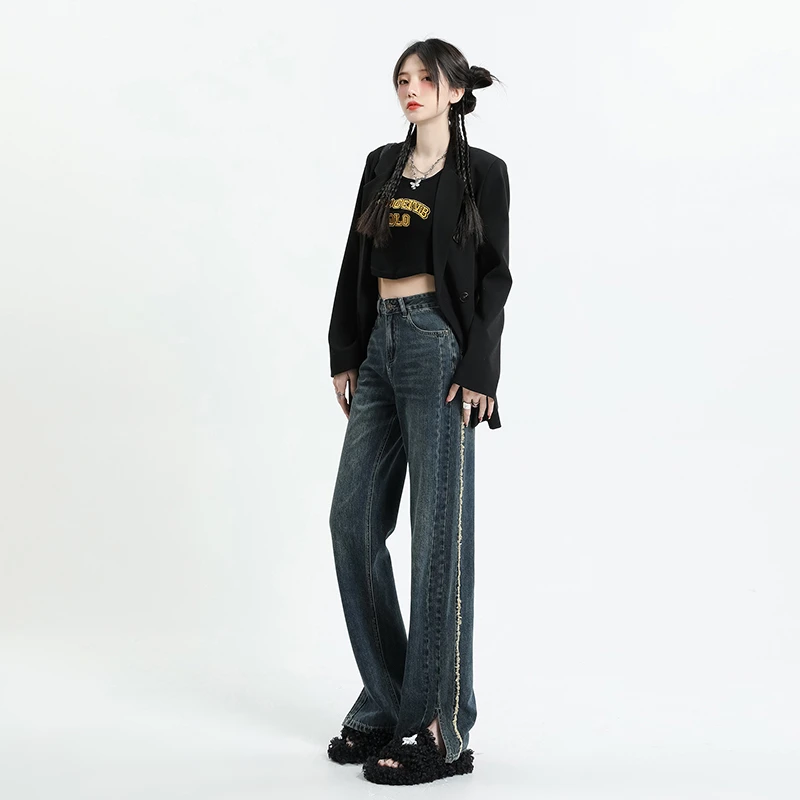 小众设计师毛边高腰阔腿开叉牛仔裤2024春夏新款直筒宽垂感拖地裤