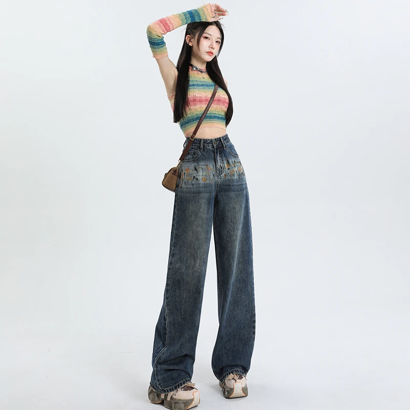 曹漂亮春秋手绘印花复古高腰显瘦直筒牛仔裤女百搭宽松阔腿拖地裤