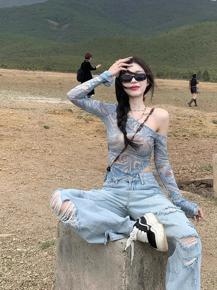 不规则露肩晕染防晒罩衫上衣女夏季修身紧身辣妹纯欲斜肩网纱t恤