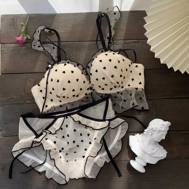 少女兮梦|夏季新款植绒爱心网纱甜美可爱无钢圈文胸聚拢内衣纯欲